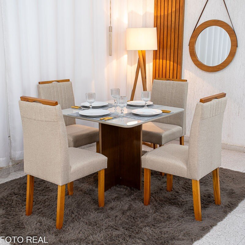 Mesa de Jantar Moscou 90x90 Vidro Off/Base Cinamomo + 4 Cad. Atlanta Linho Bege Cru Madeira Minas Plac - Entregue Montada - Imagem 3
