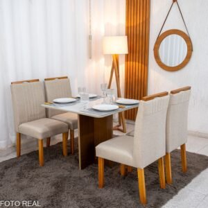 Mesa de Jantar Moscou 90x90 Vidro Off/Base Cinamomo + 4 Cad. Atlanta Linho Bege Cru Madeira Minas Plac - Entregue Montada