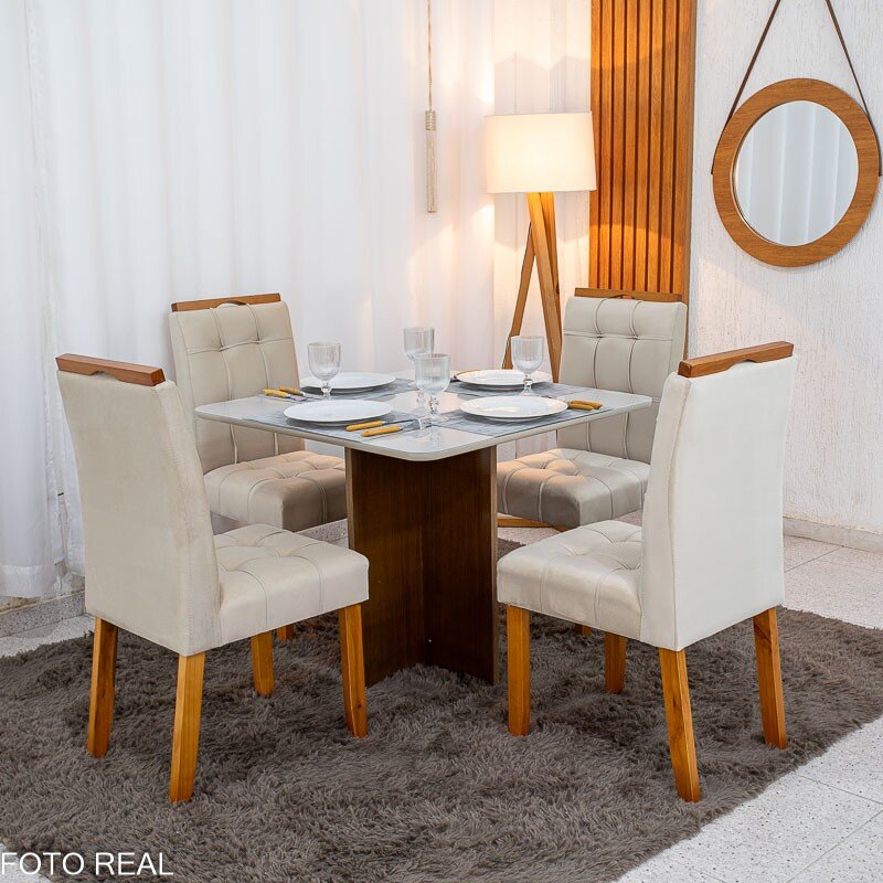Mesa de Jantar Moscou 90x90 Vidro Off/Base Cinamomo + 4 Cad. Londres Veludo Avelã Madeira Minas Plac - Entregue Montada