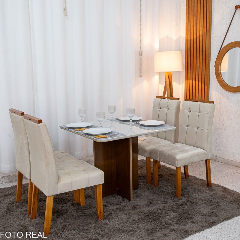Mesa de Jantar Moscou 90x90 Vidro Off/Base Cinamomo + 4 Cad. Londres Veludo Avelã Madeira Minas Plac - Entregue Montada - Imagem 3