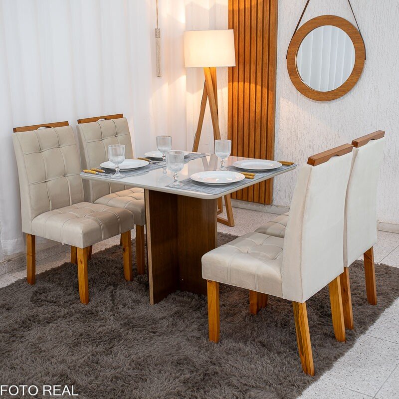 Mesa de Jantar Moscou 90x90 Vidro Off/Base Cinamomo + 4 Cad. Londres Veludo Avelã Madeira Minas Plac - Entregue Montada - Imagem 4