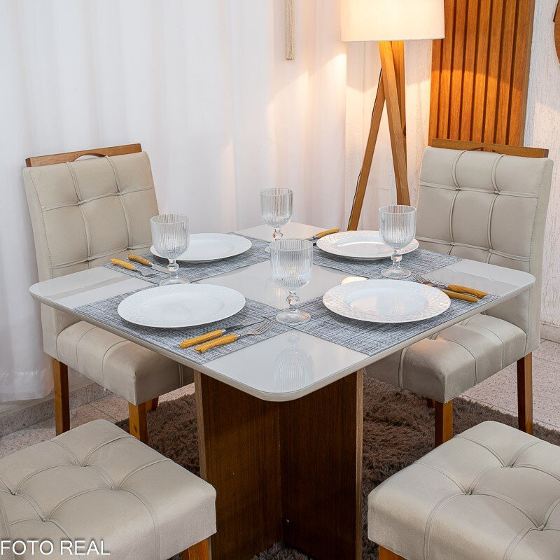 Mesa de Jantar Moscou 90x90 Vidro Off/Base Cinamomo + 4 Cad. Londres Veludo Avelã Madeira Minas Plac - Entregue Montada - Imagem 2