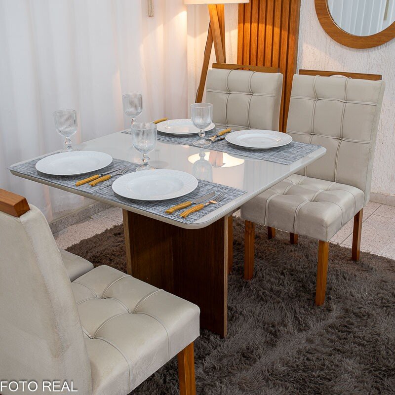 Mesa de Jantar Moscou 90x90 Vidro Off/Base Cinamomo + 4 Cad. Londres Veludo Avelã Madeira Minas Plac - Entregue Montada - Imagem 5