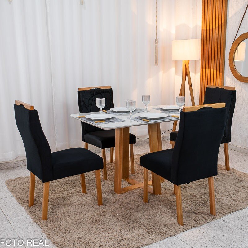 Mesa de Jantar Pedro 120×80 Vidro Off/Base Madeira + 4 Cad. Lisboa Veludo Preto 504 Madeira Art Assento - Entregue Montada - Imagem 3