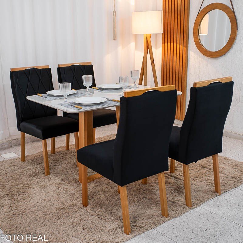 Mesa de Jantar Pedro 120×80 Vidro Off/Base Madeira + 4 Cad. Lisboa Veludo Preto 504 Madeira Art Assento - Entregue Montada - Imagem 4
