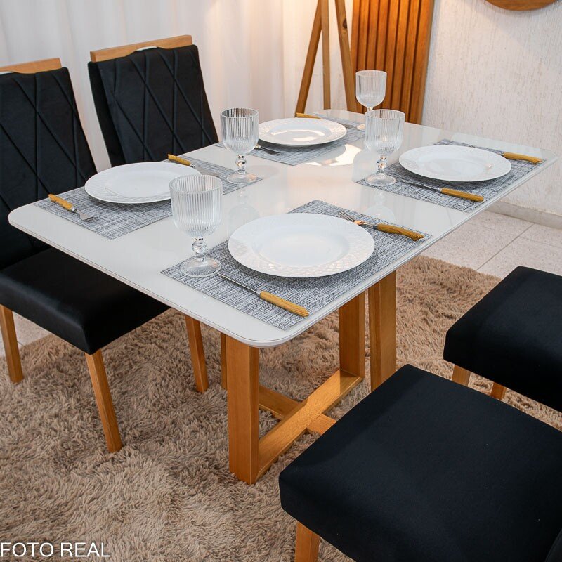 Mesa de Jantar Pedro 120×80 Vidro Off/Base Madeira + 4 Cad. Lisboa Veludo Preto 504 Madeira Art Assento - Entregue Montada - Imagem 5
