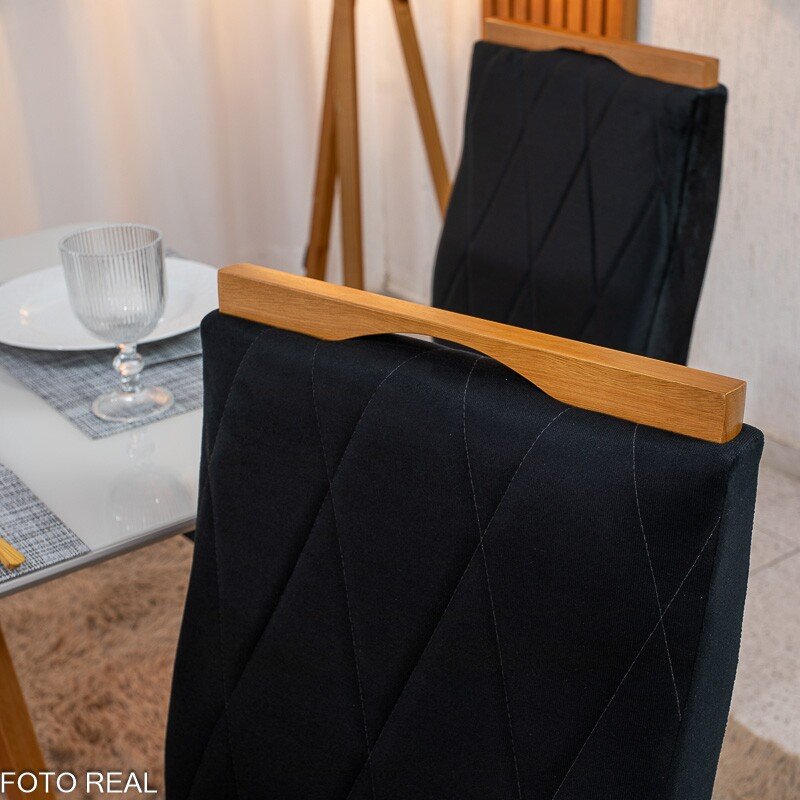 Mesa de Jantar Pedro 120×80 Vidro Off/Base Madeira + 4 Cad. Lisboa Veludo Preto 504 Madeira Art Assento - Entregue Montada - Imagem 8