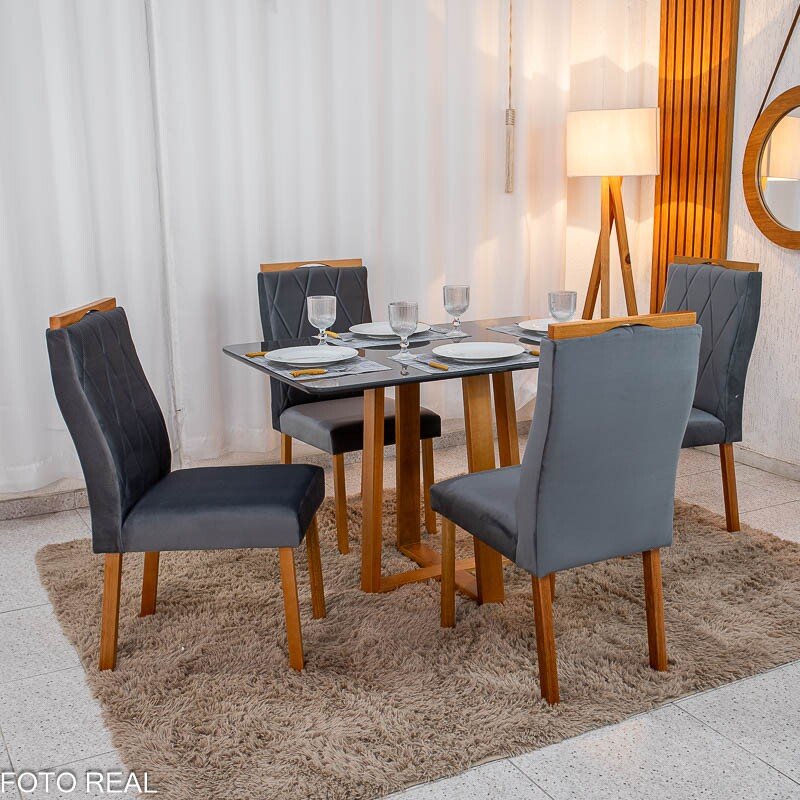 Mesa de Jantar Pedro 120x80 Vidro Grafite/Base Madeira + 4 Cad. Lisboa Veludo Cinza 507 Madeira Art Assento - Entregue Montada