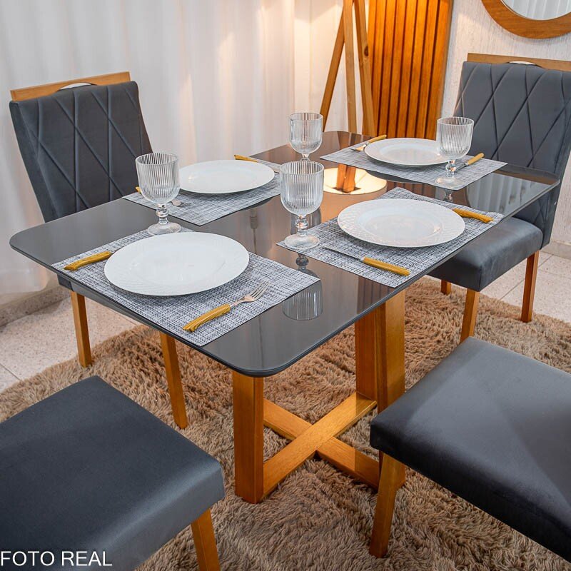 Mesa de Jantar Pedro 120x80 Vidro Grafite/Base Madeira + 4 Cad. Lisboa Veludo Cinza 507 Madeira Art Assento - Entregue Montada - Imagem 2