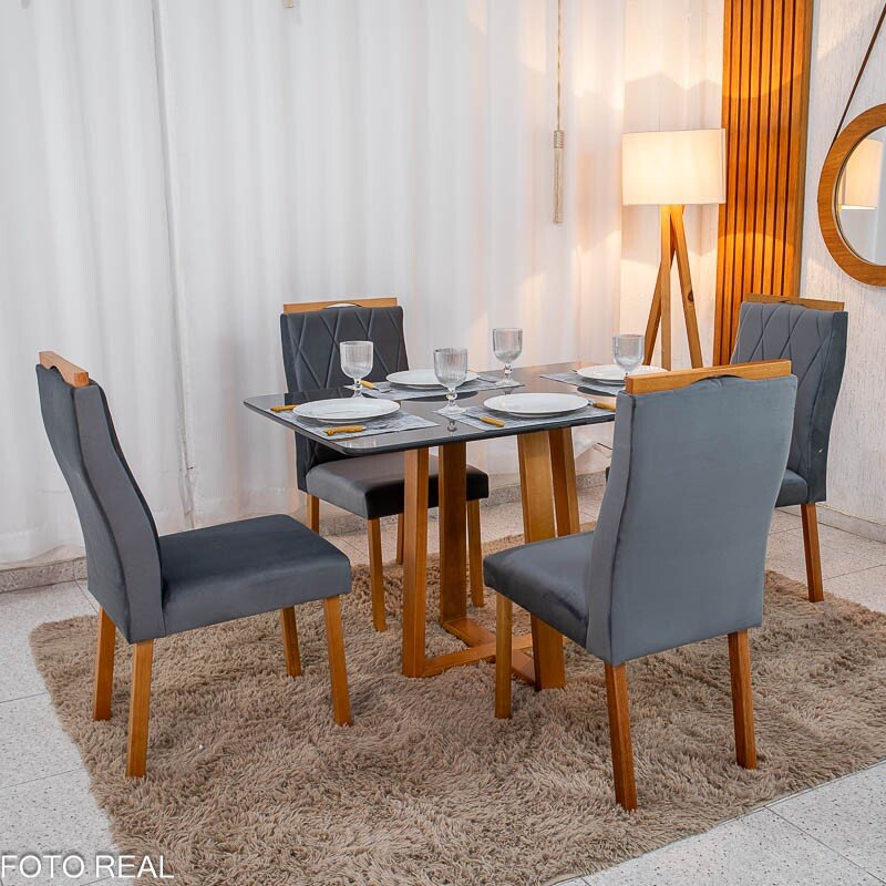 Mesa de Jantar Pedro 120x80 Vidro Grafite/Base Madeira + 4 Cad. Lisboa Veludo Cinza 507 Madeira Art Assento - Entregue Montada - Imagem 3
