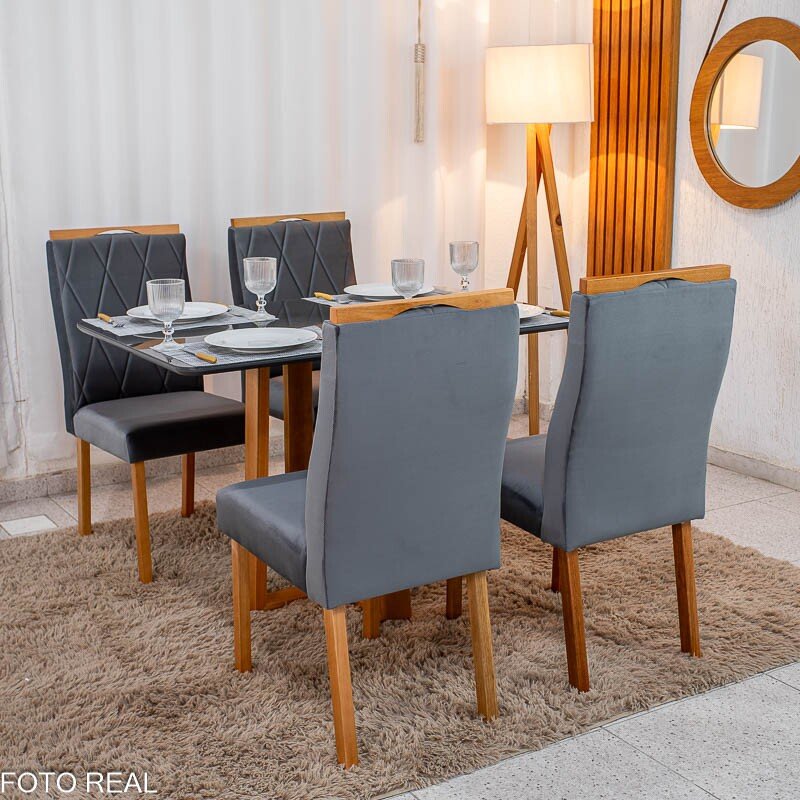 Mesa de Jantar Pedro 120x80 Vidro Grafite/Base Madeira + 4 Cad. Lisboa Veludo Cinza 507 Madeira Art Assento - Entregue Montada - Imagem 4