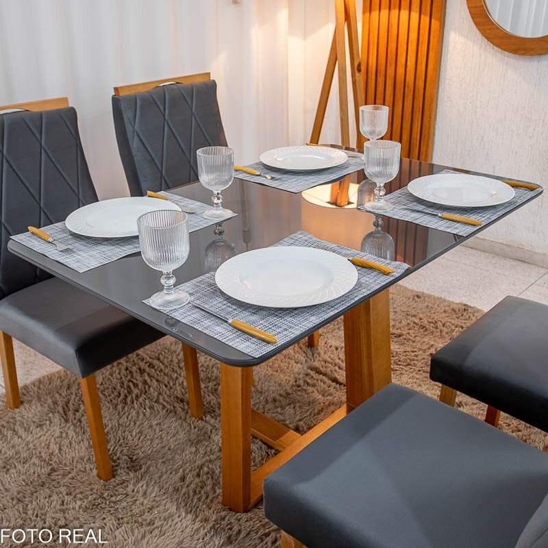 Mesa de Jantar Pedro 120x80 Vidro Grafite/Base Madeira + 4 Cad. Lisboa Veludo Cinza 507 Madeira Art Assento - Entregue Montada - Imagem 5