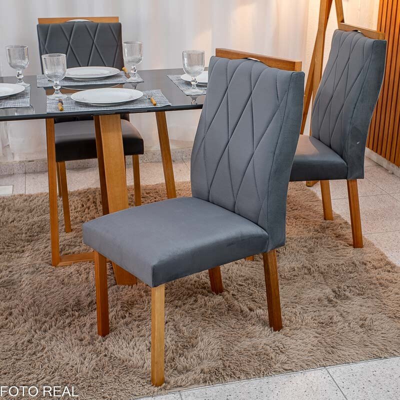 Mesa de Jantar Pedro 120x80 Vidro Grafite/Base Madeira + 4 Cad. Lisboa Veludo Cinza 507 Madeira Art Assento - Entregue Montada - Imagem 6