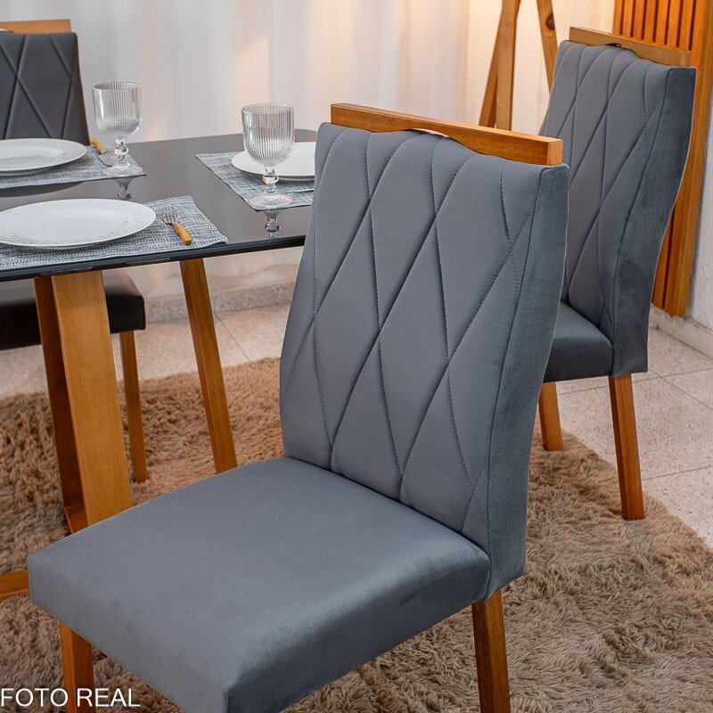 Mesa de Jantar Pedro 120x80 Vidro Grafite/Base Madeira + 4 Cad. Lisboa Veludo Cinza 507 Madeira Art Assento - Entregue Montada - Imagem 7