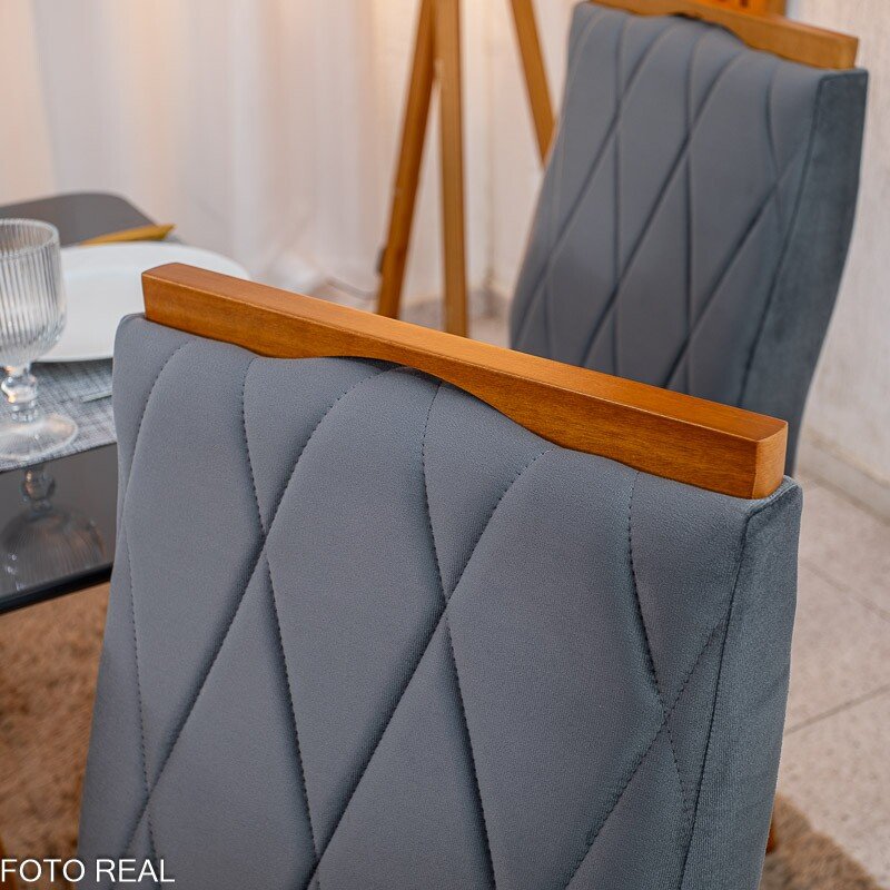 Mesa de Jantar Pedro 120x80 Vidro Grafite/Base Madeira + 4 Cad. Lisboa Veludo Cinza 507 Madeira Art Assento - Entregue Montada - Imagem 8