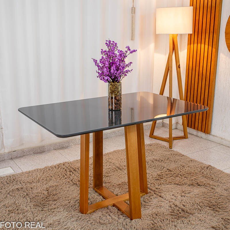Mesa de Jantar Pedro 120x80 Vidro Grafite/Base Madeira Art Assento - Entregue Montada - Imagem 3