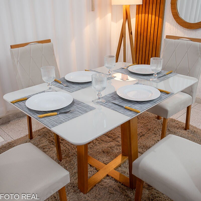 Mesa de Jantar Pedro 120x80 Vidro Off/Base Madeira + 4 Cad. Lisboa Veludo Bege 512 Madeira Art Assento - Entregue Montada - Imagem 2