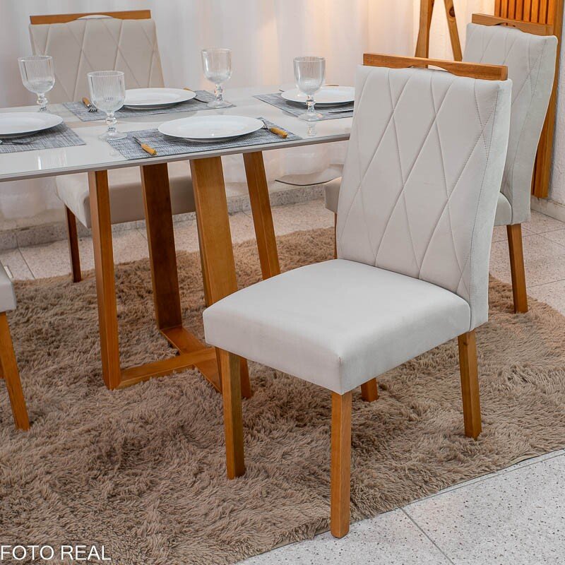Mesa de Jantar Pedro 120x80 Vidro Off/Base Madeira + 4 Cad. Lisboa Veludo Bege 512 Madeira Art Assento - Entregue Montada - Imagem 5