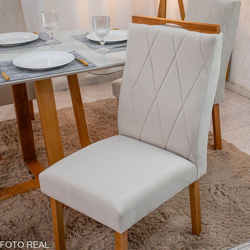 Mesa de Jantar Pedro 120x80 Vidro Off/Base Madeira + 4 Cad. Lisboa Veludo Bege 512 Madeira Art Assento - Entregue Montada - Imagem 6