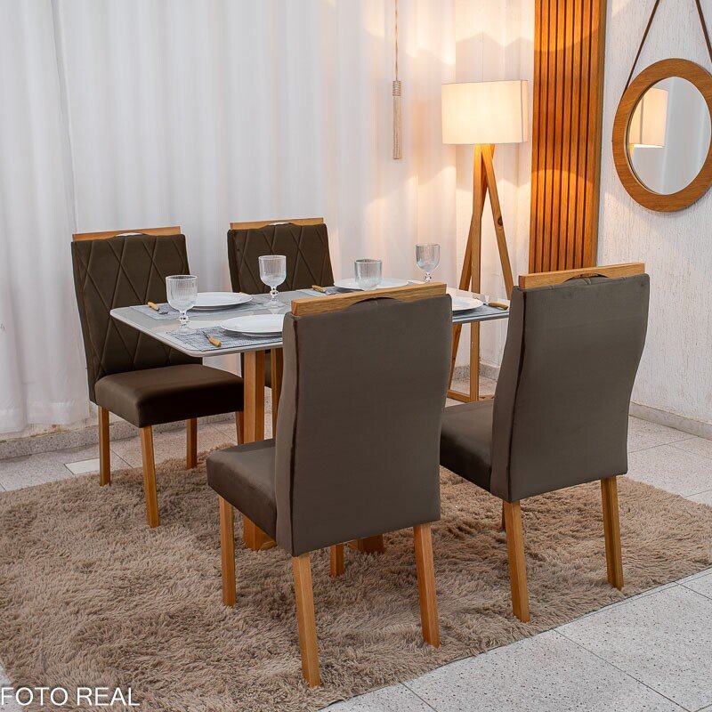 Mesa de Jantar Pedro 120x80 Vidro Off/Base Madeira + 4 Cad. Lisboa Veludo Marrom 509 Madeira Art Assento - Entregue Montada - Imagem 4