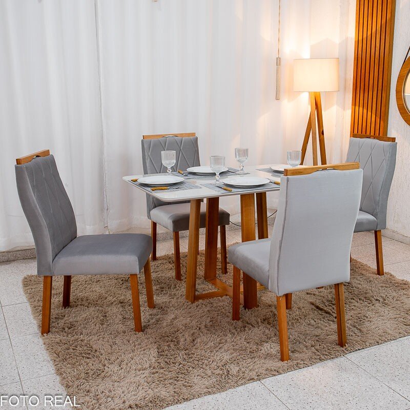 Mesa de Jantar Pedro 120x80 Vidro Off/Base Madeira + 4 Cad. Lisboa Veludo Prata 514 Madeira Art Assento - Entregue Montada