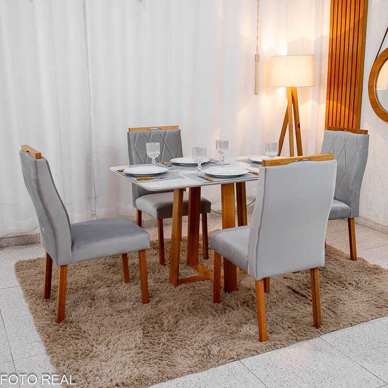 Mesa de Jantar Pedro 120x80 Vidro Off/Base Madeira + 4 Cad. Lisboa Veludo Prata 514 Madeira Art Assento - Entregue Montada - Imagem 3