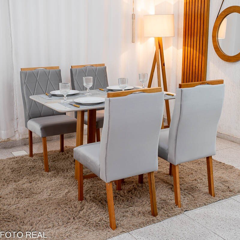 Mesa de Jantar Pedro 120x80 Vidro Off/Base Madeira + 4 Cad. Lisboa Veludo Prata 514 Madeira Art Assento - Entregue Montada - Imagem 4