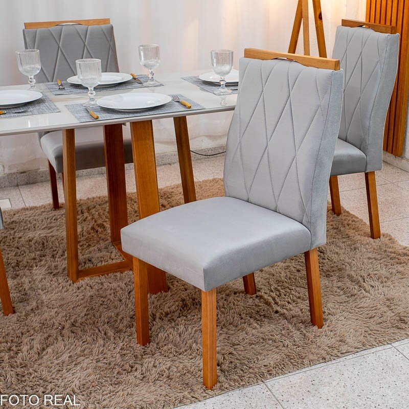 Mesa de Jantar Pedro 120x80 Vidro Off/Base Madeira + 4 Cad. Lisboa Veludo Prata 514 Madeira Art Assento - Entregue Montada - Imagem 6