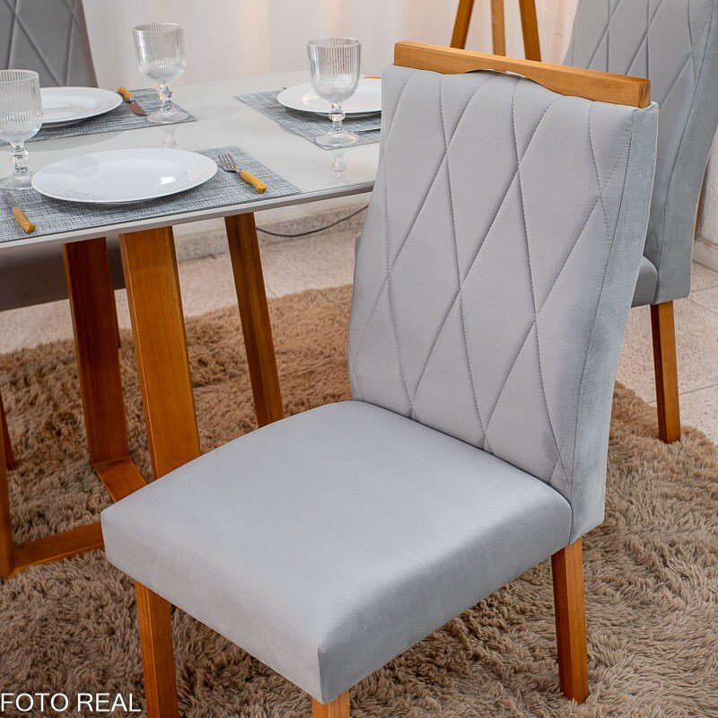Mesa de Jantar Pedro 120x80 Vidro Off/Base Madeira + 4 Cad. Lisboa Veludo Prata 514 Madeira Art Assento - Entregue Montada - Imagem 7