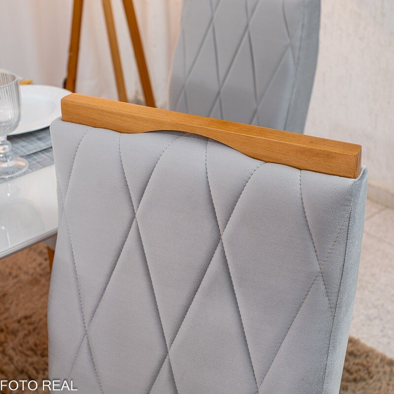 Mesa de Jantar Pedro 120x80 Vidro Off/Base Madeira + 4 Cad. Lisboa Veludo Prata 514 Madeira Art Assento - Entregue Montada - Imagem 8