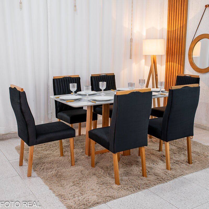 Mesa de Jantar Pedro 160×80 Mel Vidro Off + 6 Cad. Genova Veludo Preto 504 Madeira Art Assento - Entregue Montada - Imagem 4