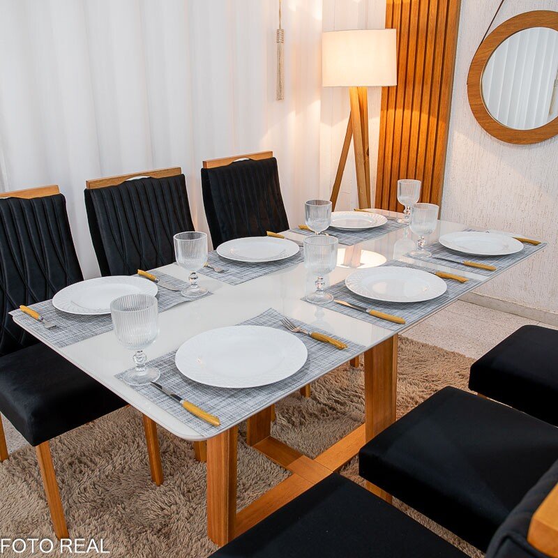Mesa de Jantar Pedro 160×80 Mel Vidro Off + 6 Cad. Genova Veludo Preto 504 Madeira Art Assento - Entregue Montada - Imagem 5