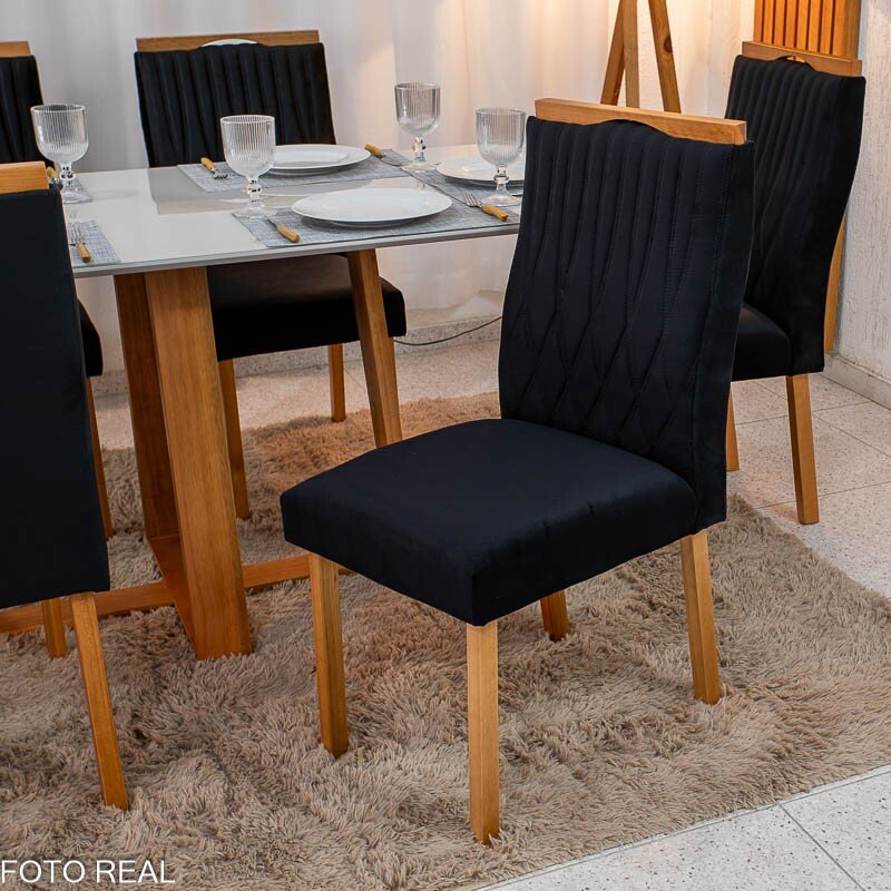 Mesa de Jantar Pedro 160×80 Mel Vidro Off + 6 Cad. Genova Veludo Preto 504 Madeira Art Assento - Entregue Montada - Imagem 6