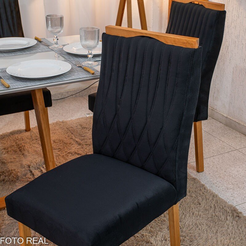 Mesa de Jantar Pedro 160×80 Mel Vidro Off + 6 Cad. Genova Veludo Preto 504 Madeira Art Assento - Entregue Montada - Imagem 7