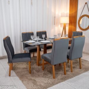 Mesa de Jantar Pedro 160×80 Vidro Grafite/Base Madeira + 6 Cad. Lisboa Veludo Cinza 507 Madeira Art Assento - Entregue Montada