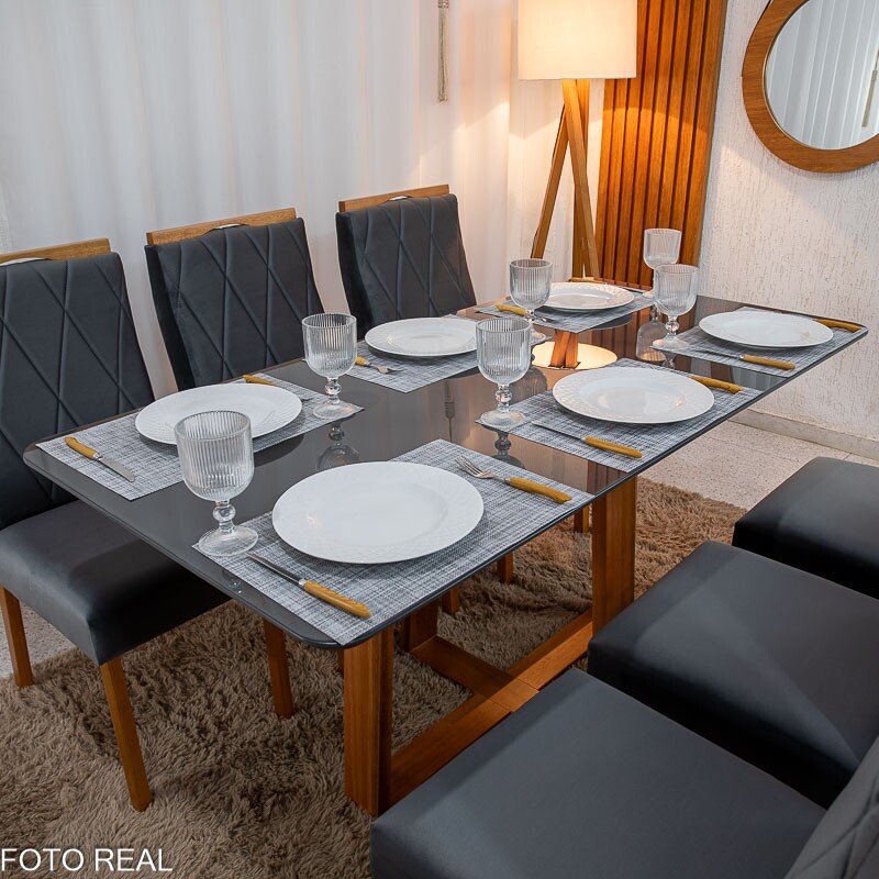 Mesa de Jantar Pedro 160×80 Vidro Grafite/Base Madeira + 6 Cad. Lisboa Veludo Cinza 507 Madeira Art Assento - Entregue Montada - Imagem 5