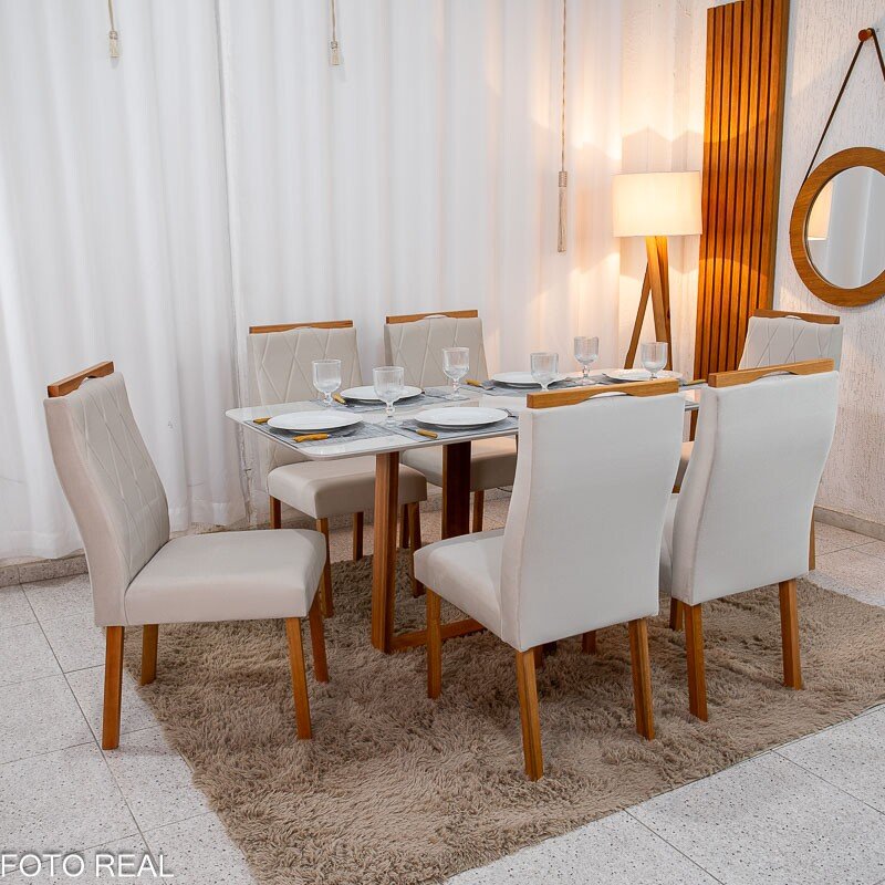 Mesa de Jantar Pedro 160×80 Vidro Off/Base Madeira + 6 Cad. Lisboa Veludo Bege 512 Madeira Art Assento - Entregue Montada