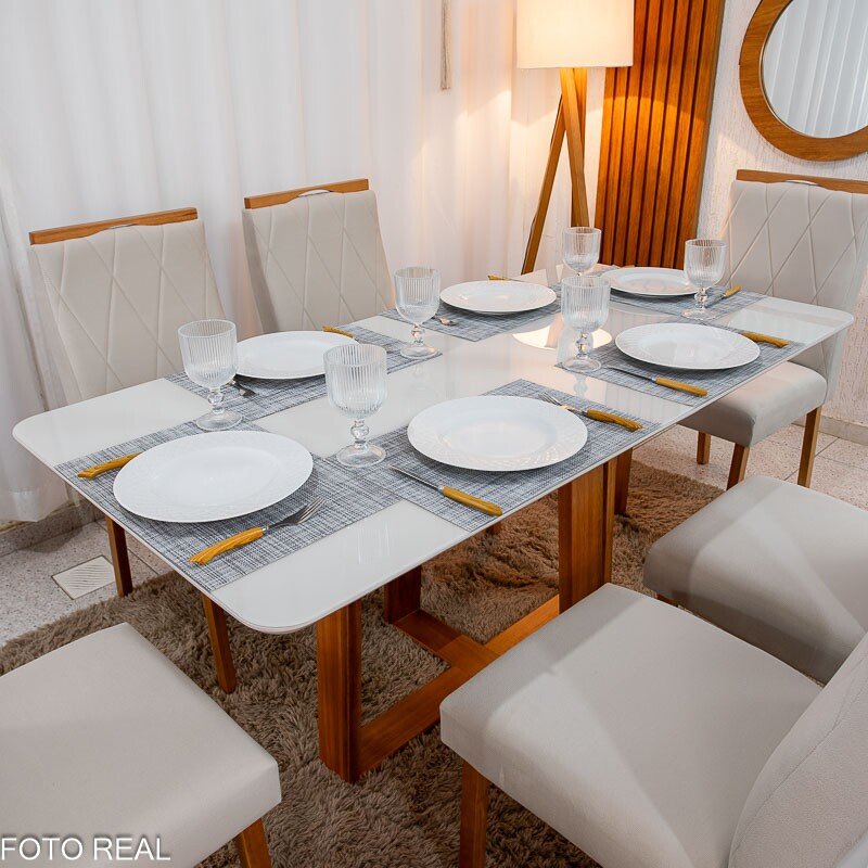 Mesa de Jantar Pedro 160×80 Vidro Off/Base Madeira + 6 Cad. Lisboa Veludo Bege 512 Madeira Art Assento - Entregue Montada - Imagem 2