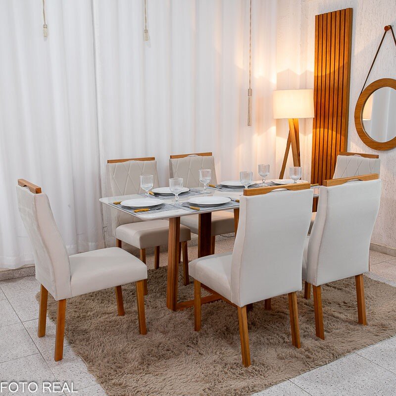 Mesa de Jantar Pedro 160×80 Vidro Off/Base Madeira + 6 Cad. Lisboa Veludo Bege 512 Madeira Art Assento - Entregue Montada - Imagem 3