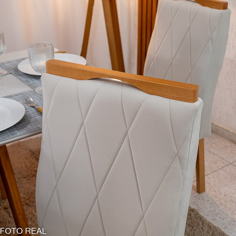 Mesa de Jantar Pedro 160×80 Vidro Off/Base Madeira + 6 Cad. Lisboa Veludo Bege 512 Madeira Art Assento - Entregue Montada - Imagem 7
