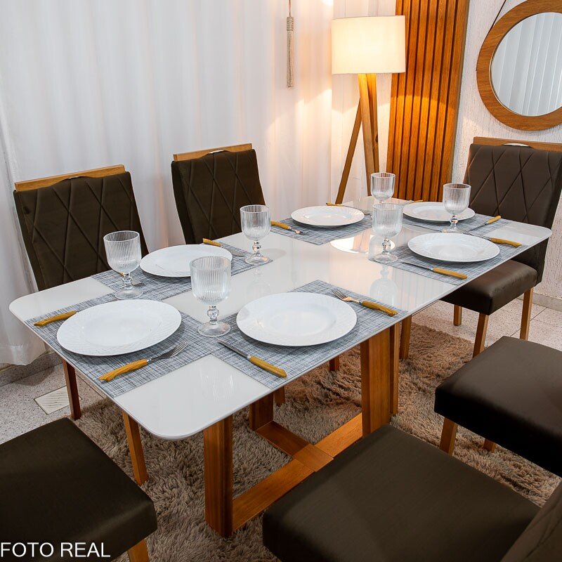 Mesa de Jantar Pedro 160×80 Vidro Off/Base Madeira + 6 Cad. Lisboa Veludo Marrom 509 Madeira Art Assento - Entregue Montada - Imagem 2