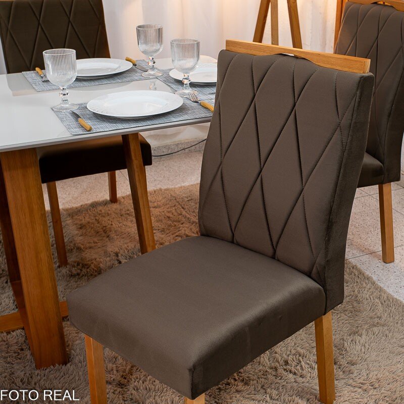 Mesa de Jantar Pedro 160×80 Vidro Off/Base Madeira + 6 Cad. Lisboa Veludo Marrom 509 Madeira Art Assento - Entregue Montada - Imagem 7