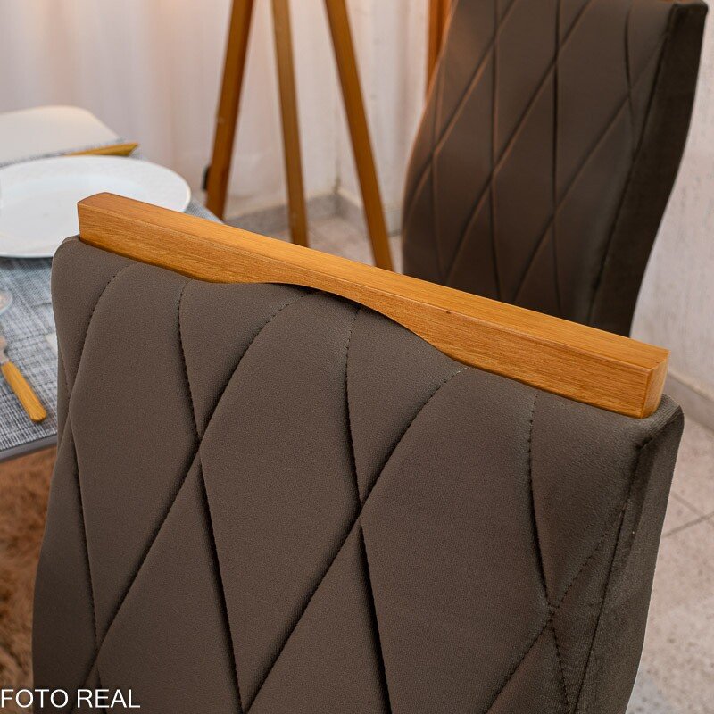 Mesa de Jantar Pedro 160×80 Vidro Off/Base Madeira + 6 Cad. Lisboa Veludo Marrom 509 Madeira Art Assento - Entregue Montada - Imagem 8