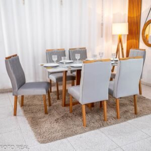 Mesa de Jantar Pedro 160×80 Vidro Off/Base Madeira + 6 Cad. Lisboa Veludo Prata 514 Madeira Art Assento - Entregue Montada