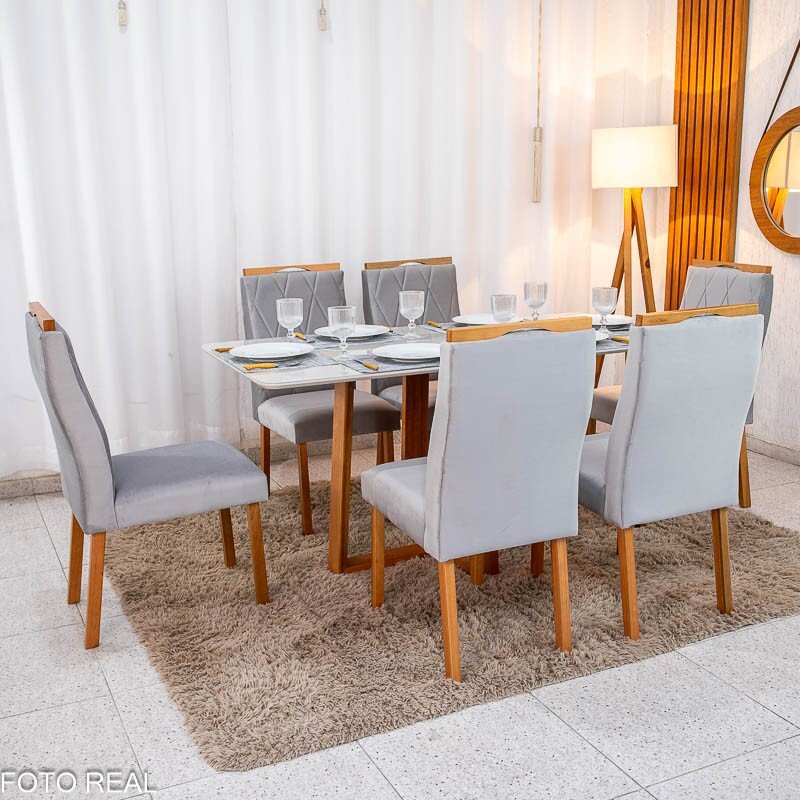 Mesa de Jantar Pedro 160×80 Vidro Off/Base Madeira + 6 Cad. Lisboa Veludo Prata 514 Madeira Art Assento - Entregue Montada - Imagem 3