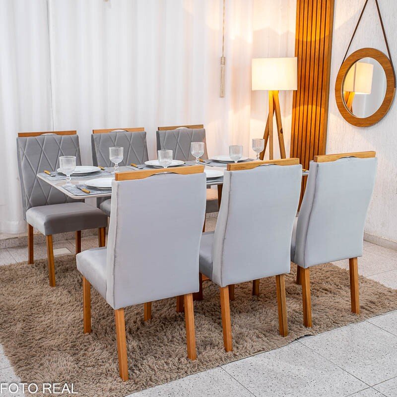 Mesa de Jantar Pedro 160×80 Vidro Off/Base Madeira + 6 Cad. Lisboa Veludo Prata 514 Madeira Art Assento - Entregue Montada - Imagem 4