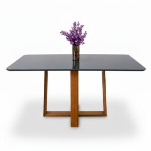 Mesa de Jantar Pedro 160x80 Vidro Grafite/Base Madeira Art Assento - Entregue Montada