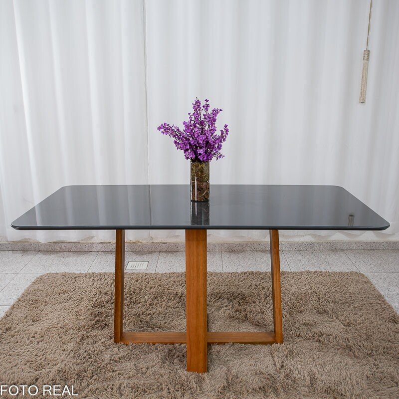 Mesa de Jantar Pedro 160×80 Vidro Grafite/Base Madeira + 6 Cad. Lisboa Veludo Cinza 507 Madeira Art Assento - Entregue Montada - Imagem 9