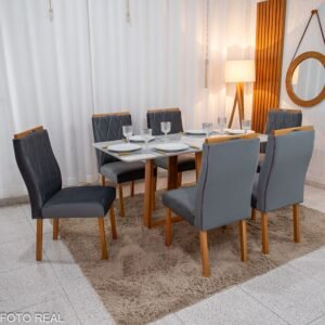 Mesa de Jantar Pedro 160x80 Vidro Off/Base Madeira + 6 Cad. Lisboa Veludo Cinza 507 Madeira Art Assento - Entregue Montada