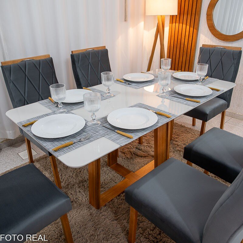 Mesa de Jantar Pedro 160x80 Vidro Off/Base Madeira + 6 Cad. Lisboa Veludo Cinza 507 Madeira Art Assento - Entregue Montada - Imagem 2